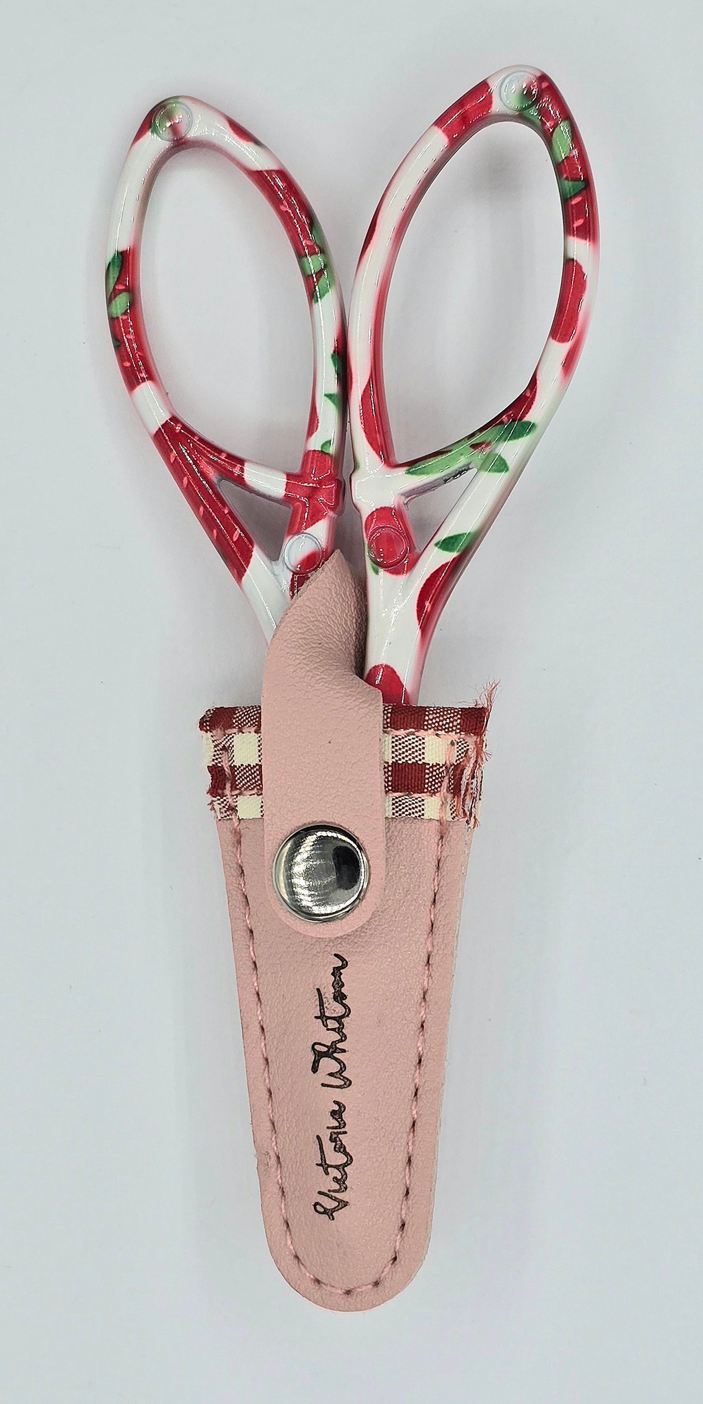 Victoria Whitson Needlepoint Strawberry Scissors Length: 4.5" scissor with leather sheath