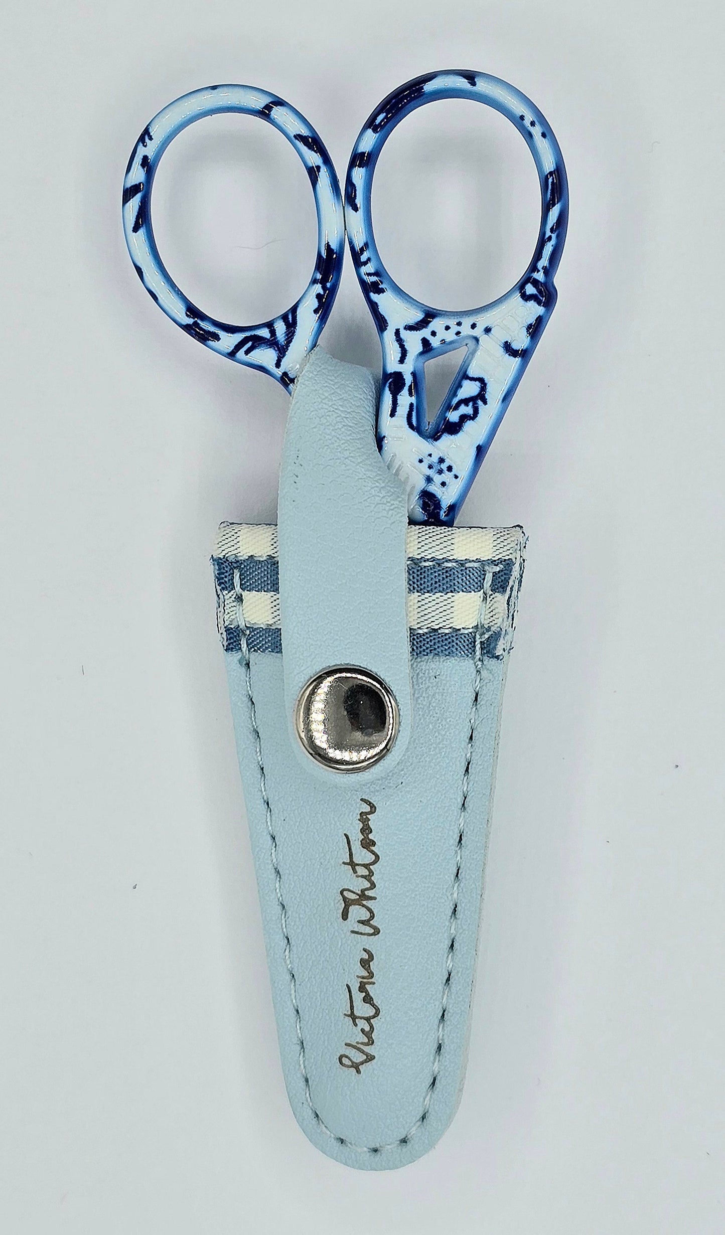 Victoria Whitson Needlepoint Blue Toile Scissors Length: 3.5" scissor with leather sheath