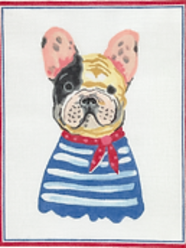 French Bulldog in Blue Striped Shirt w/ Red Neckerchief