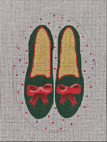 Kate Dickerson Needlepoint Collections
XM182 Christmas Flats- Dark Green Velvet Shoes W/Red Bow