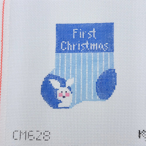Kathy Schenkel CM628 Blue Mini First Christmas Stocking with Stripes and Bunny