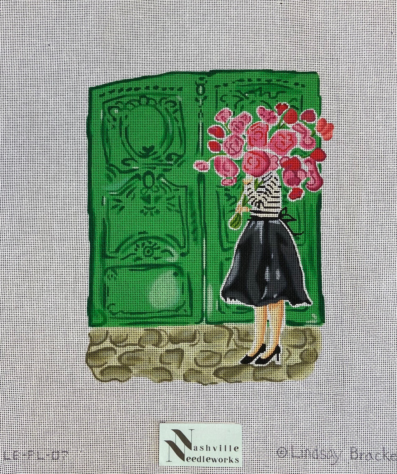 Kate Dickerson Needlepoint Lindsay Brackeen Mademoiselle with Pink Flowers & Green Doors LB-PL-07