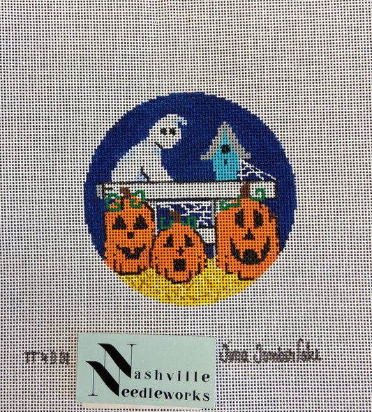 Ghost On Fence with Pumpkins
