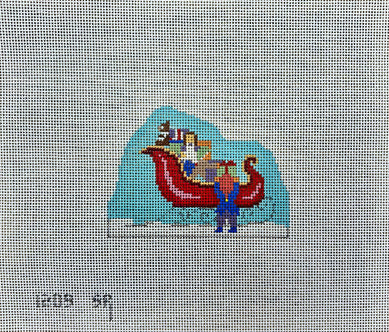 Susan Roberts Needlepoint Santa's Village Elves filling Santa's Sleigh 1209
