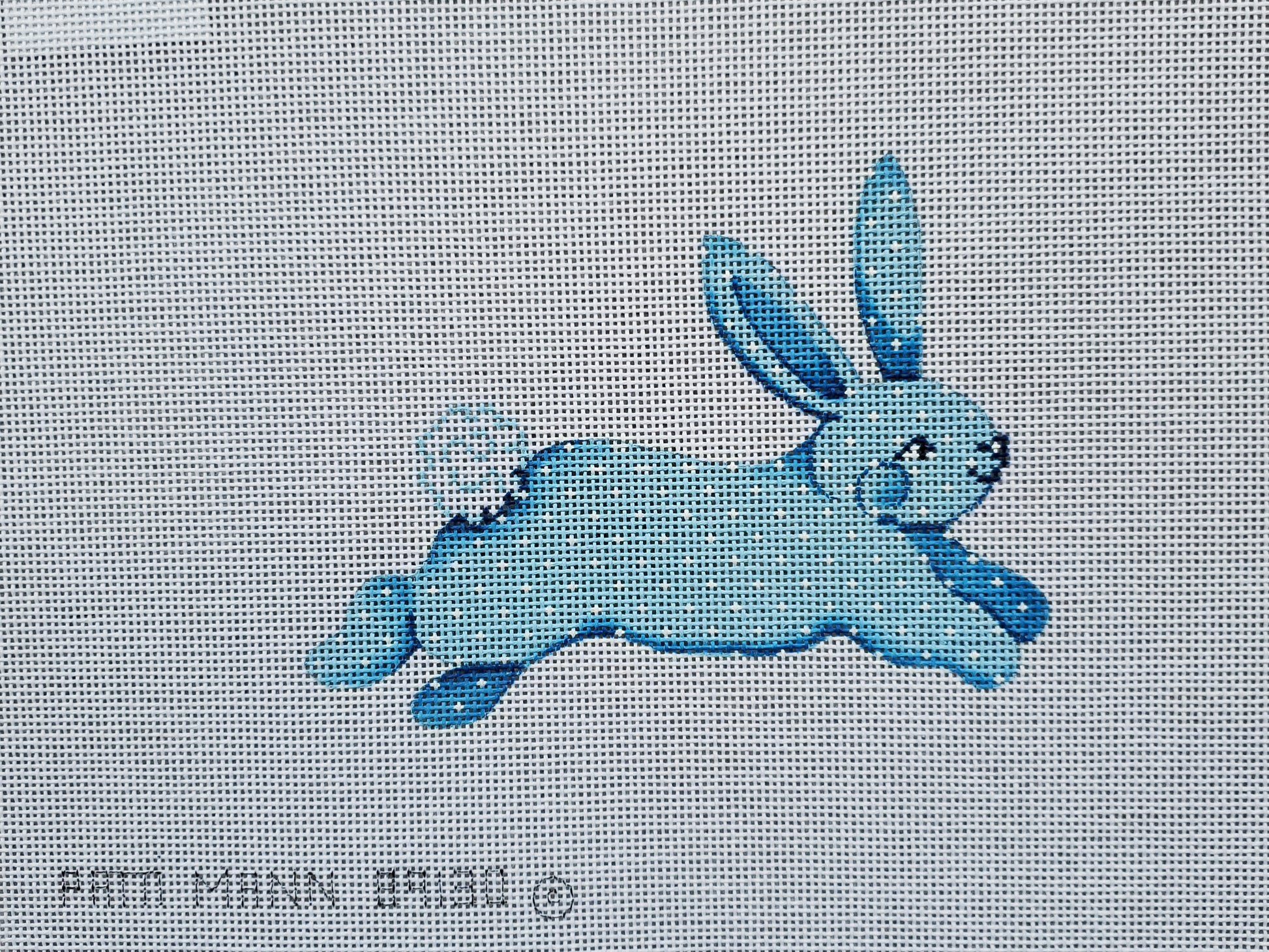 Patti Mann Needlepoint Running Bunny in Blue with White Dots 89130