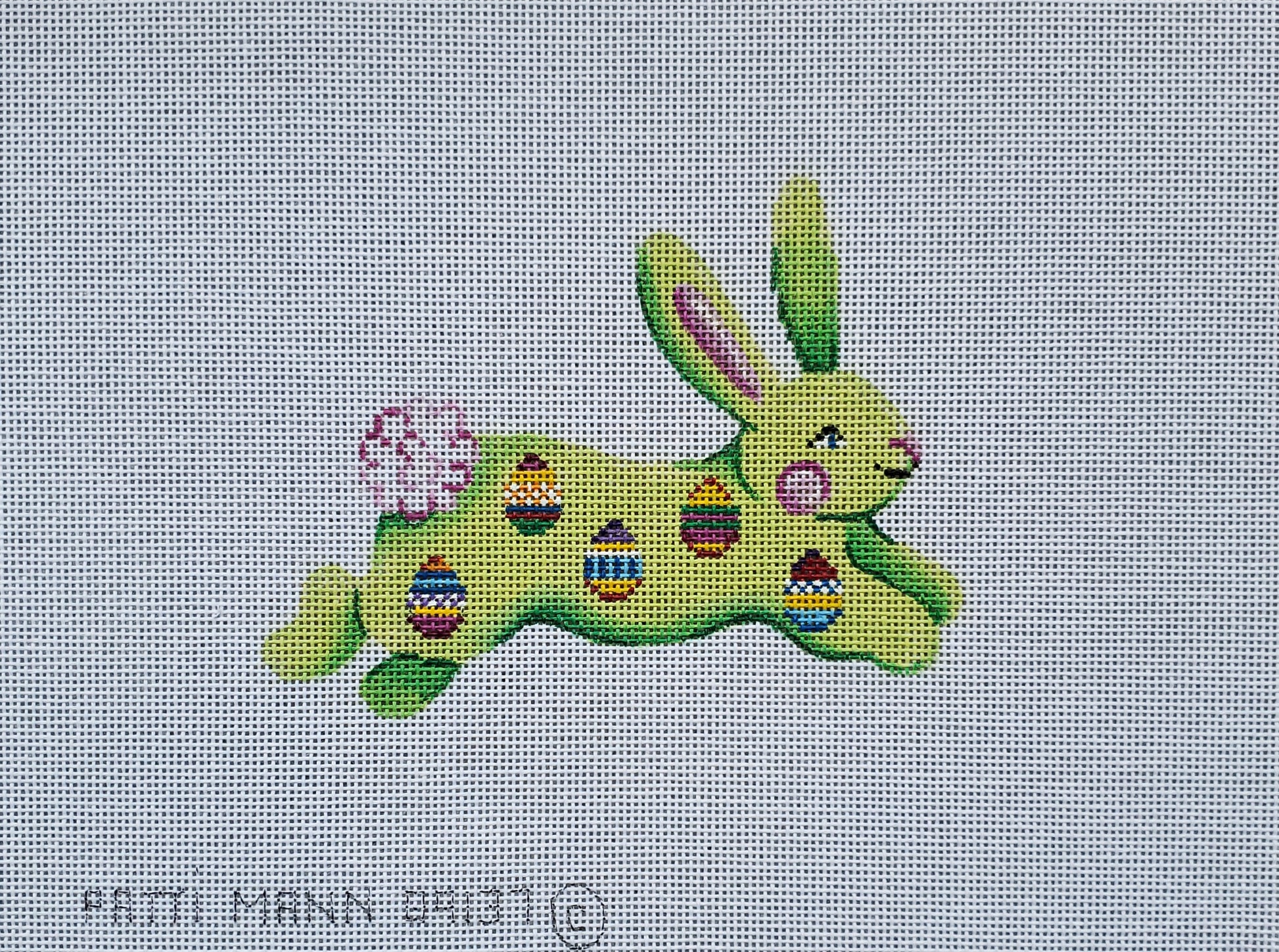 Patti Mann Needlepoint Running Bunny with Easter Eggs 89137