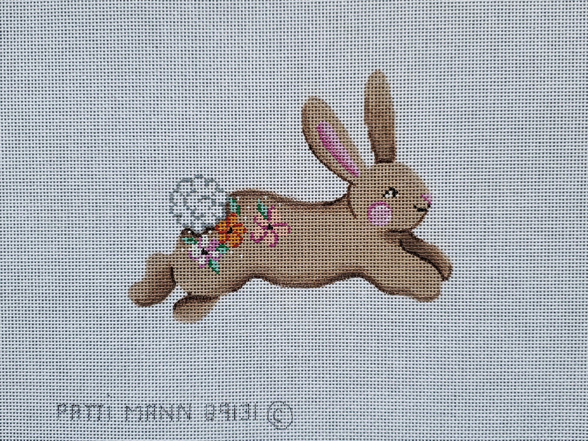 Patti Mann Needlepoint Running Bunny-Taupe with Flowers 89131