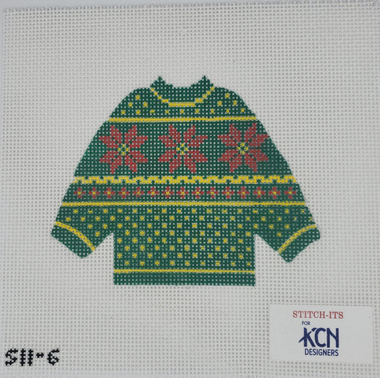 KCN Designs Green Sweater with Poinsettias SI1-6