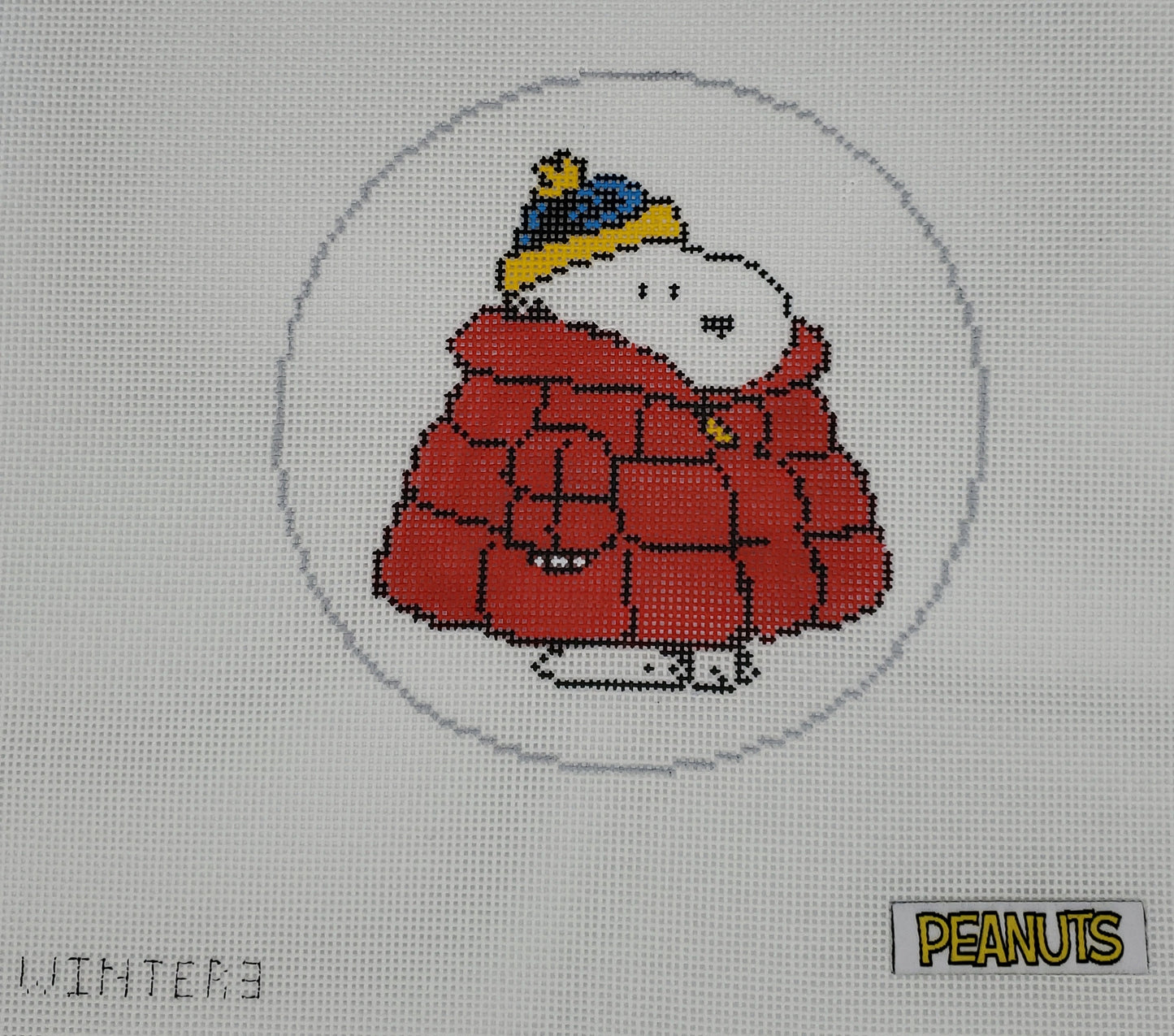 PEANUTS Winter - Snoopy in Puffer Coat Canvas Round Officially Needlepoint SKU: Winter3