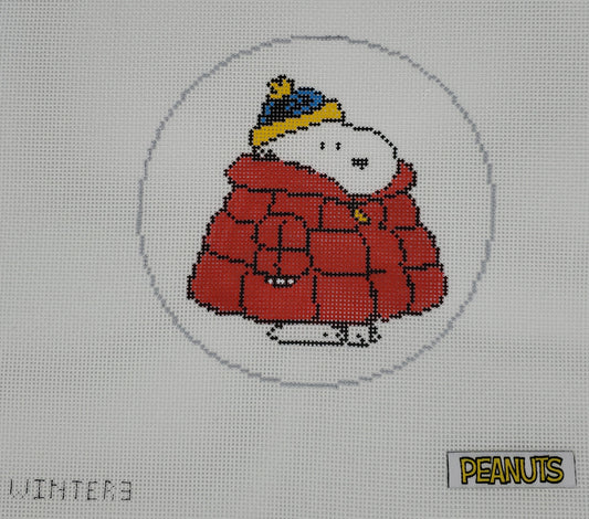 PEANUTS Winter - Snoopy in Puffer Coat Canvas Round Officially Needlepoint SKU: Winter3