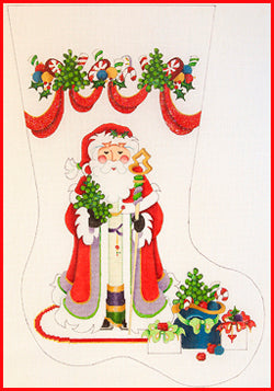 Decorative Christmas stocking with a cartoon Santa Claus holding a plant, surrounded by festive elements.