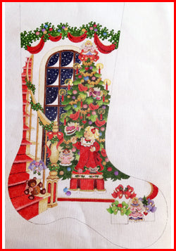 Decorative Christmas stocking with festive designs on a white background