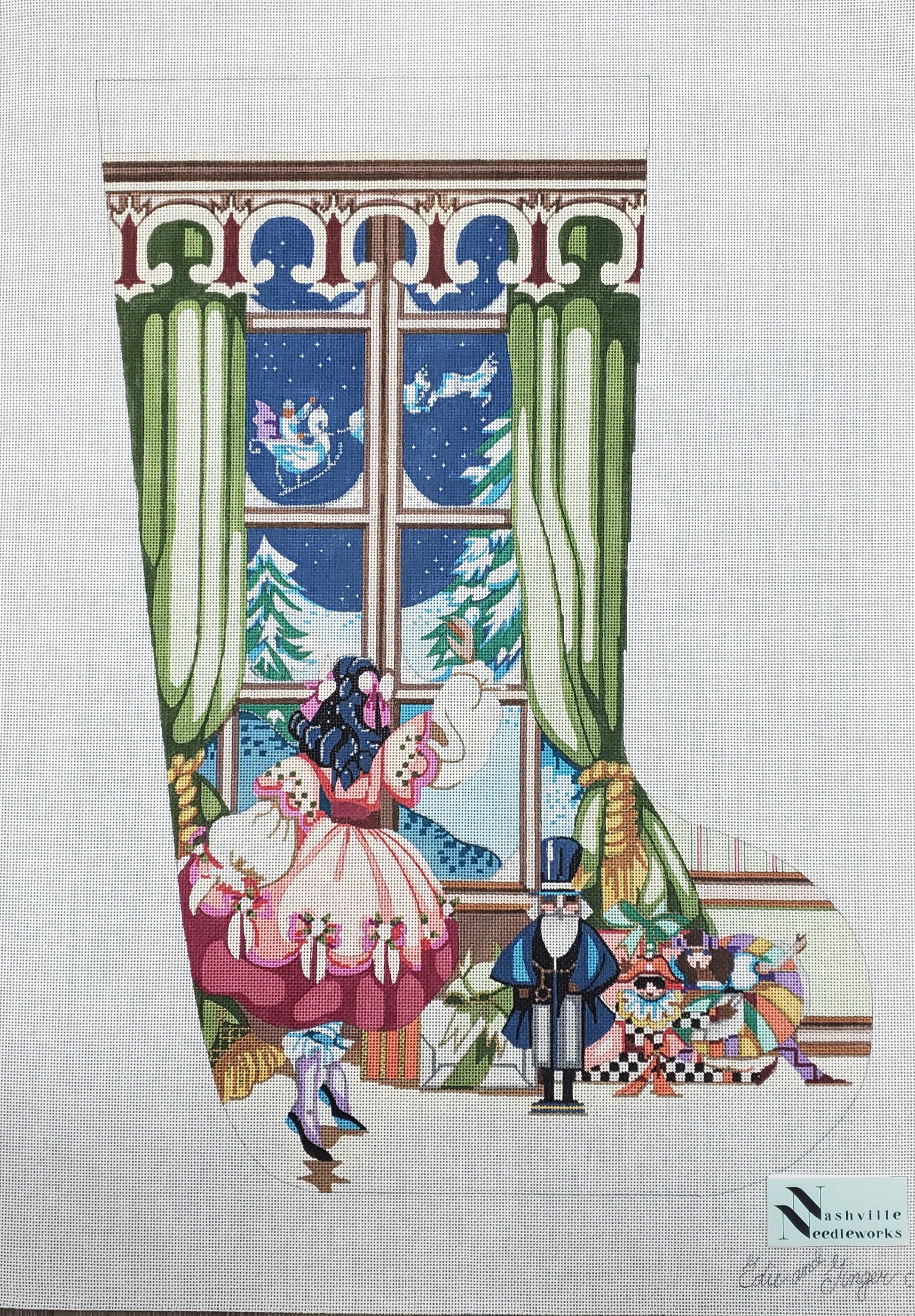 CBK Needlepoint Designs Edie and Ginger Victorian Girl at Window Stocking CJ189