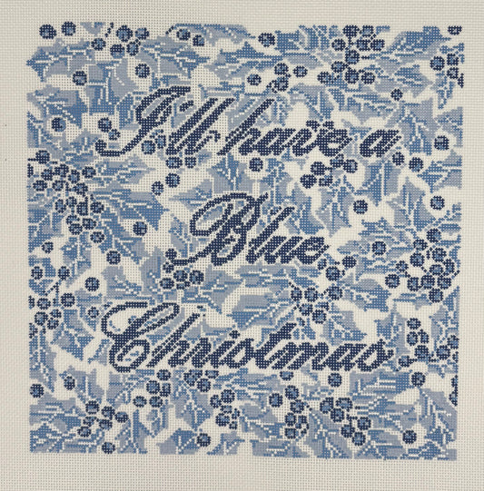 Gingham Stitchery Blue Christmas Pillow KW-48