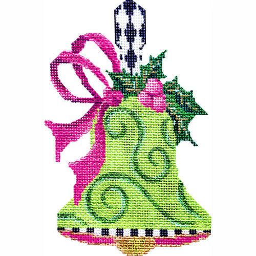 Kelly Clark Needlepoint Lime Swirls & Fuchsia Bow Handbell