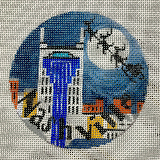 Nashville Needleworks Exclusive from Tina Timberlake, Nashville Skyline with Santa and Reindeer in sky, 18 mesh