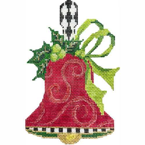Kelly Clark Needlepoint Red Swirls & Lime Bow Handbell
