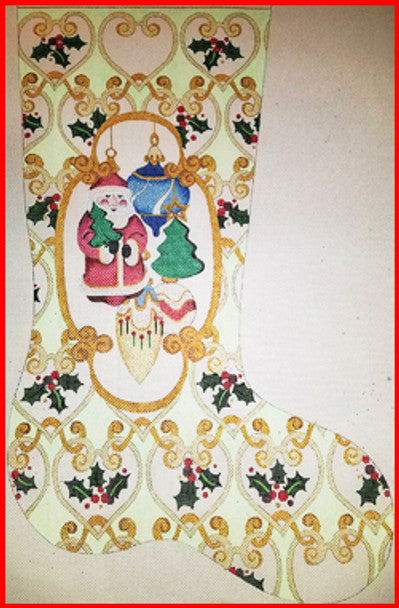 CS-310-18 (TS) Stocking of Blown glass gold cartouche - green fabric